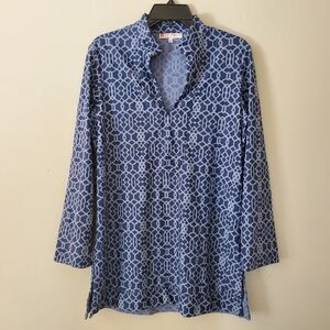 Jude Connally Tunic Length Abstract Top With Stretch Size Large Blue 3/4 Sleeve